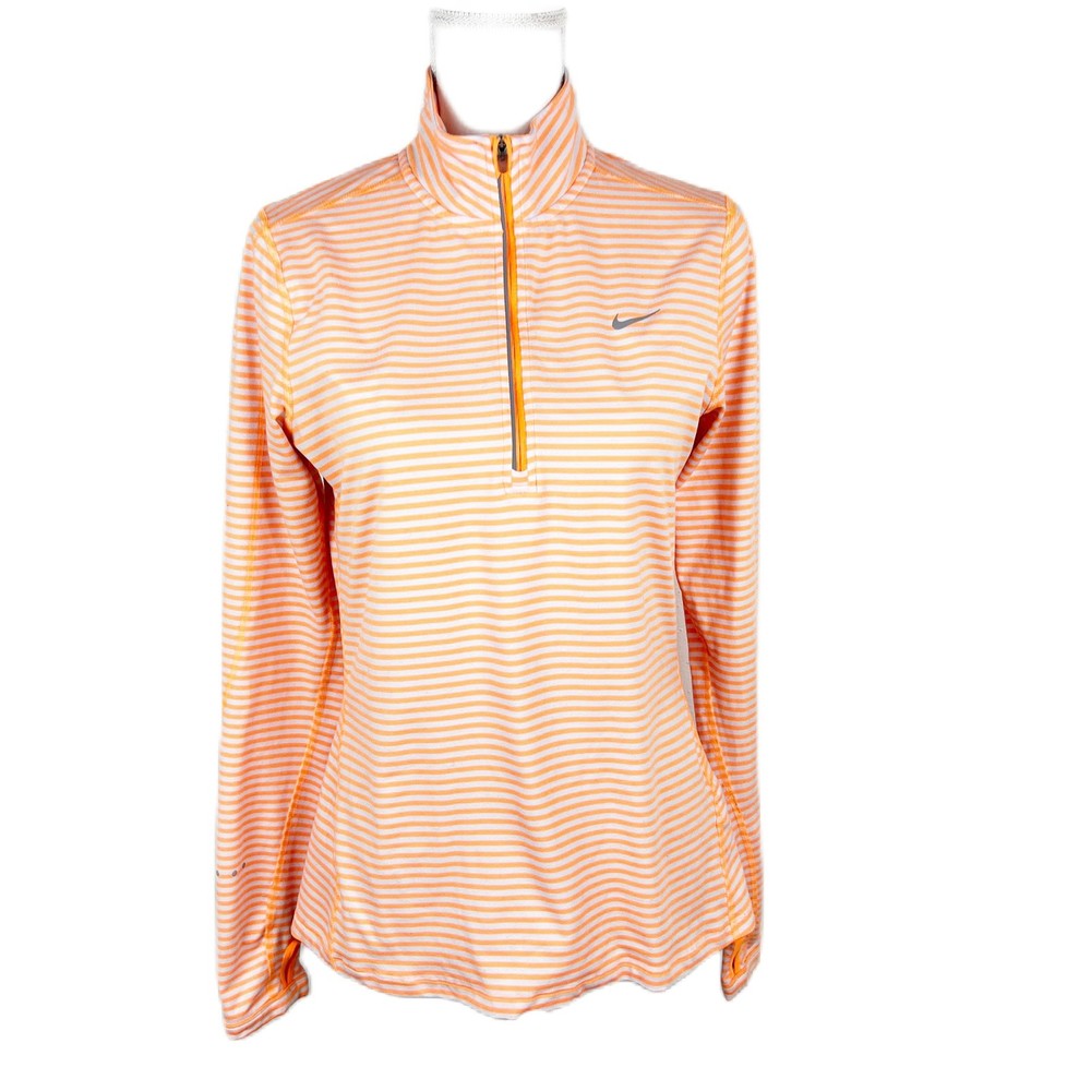 Nike Running Pullover Women Medium Orange Striped Dri-Fit Quarter Zip Sweater